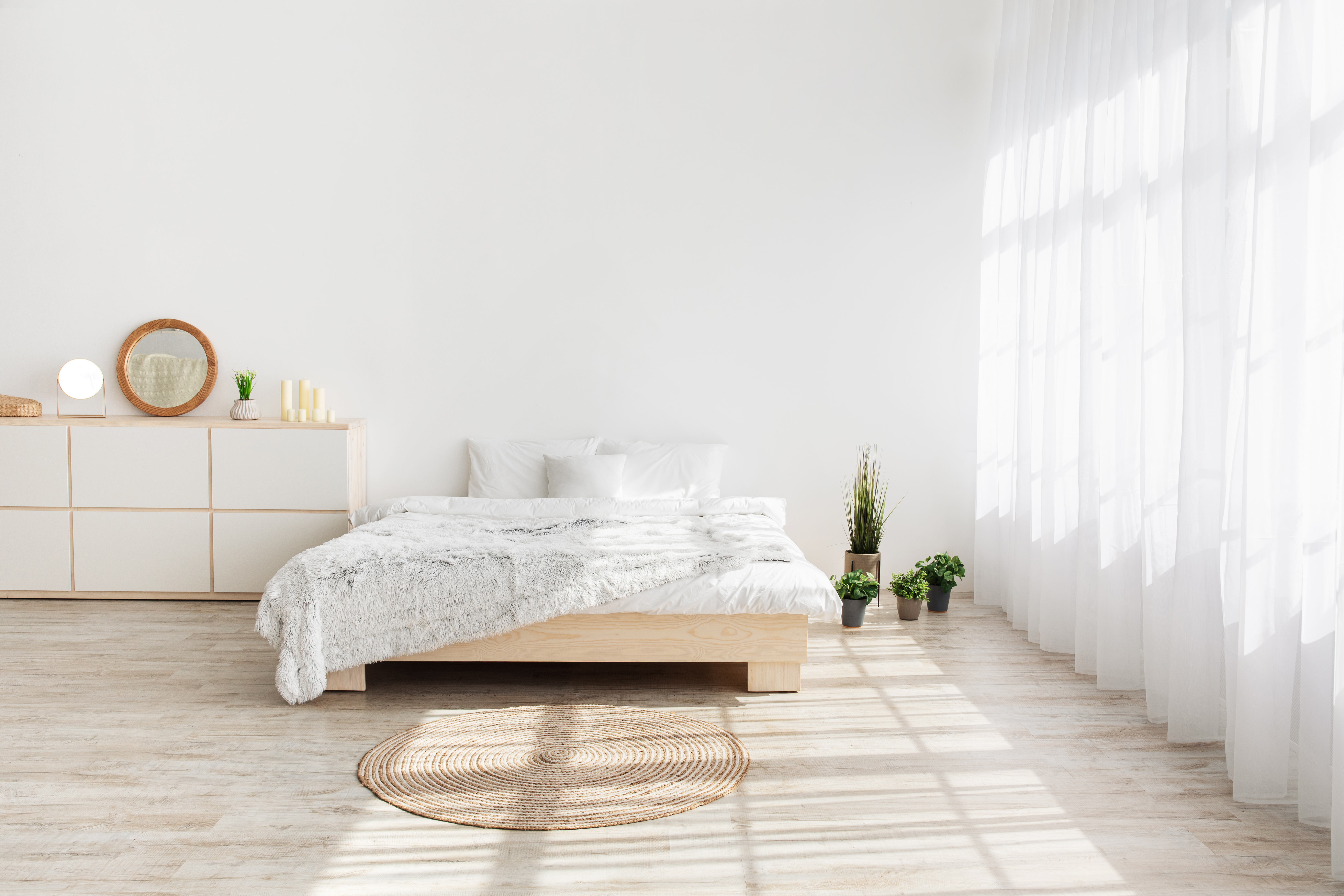 A softly lit bedroom with morning light and green plants, a peaceful home space to retreat into while grieving