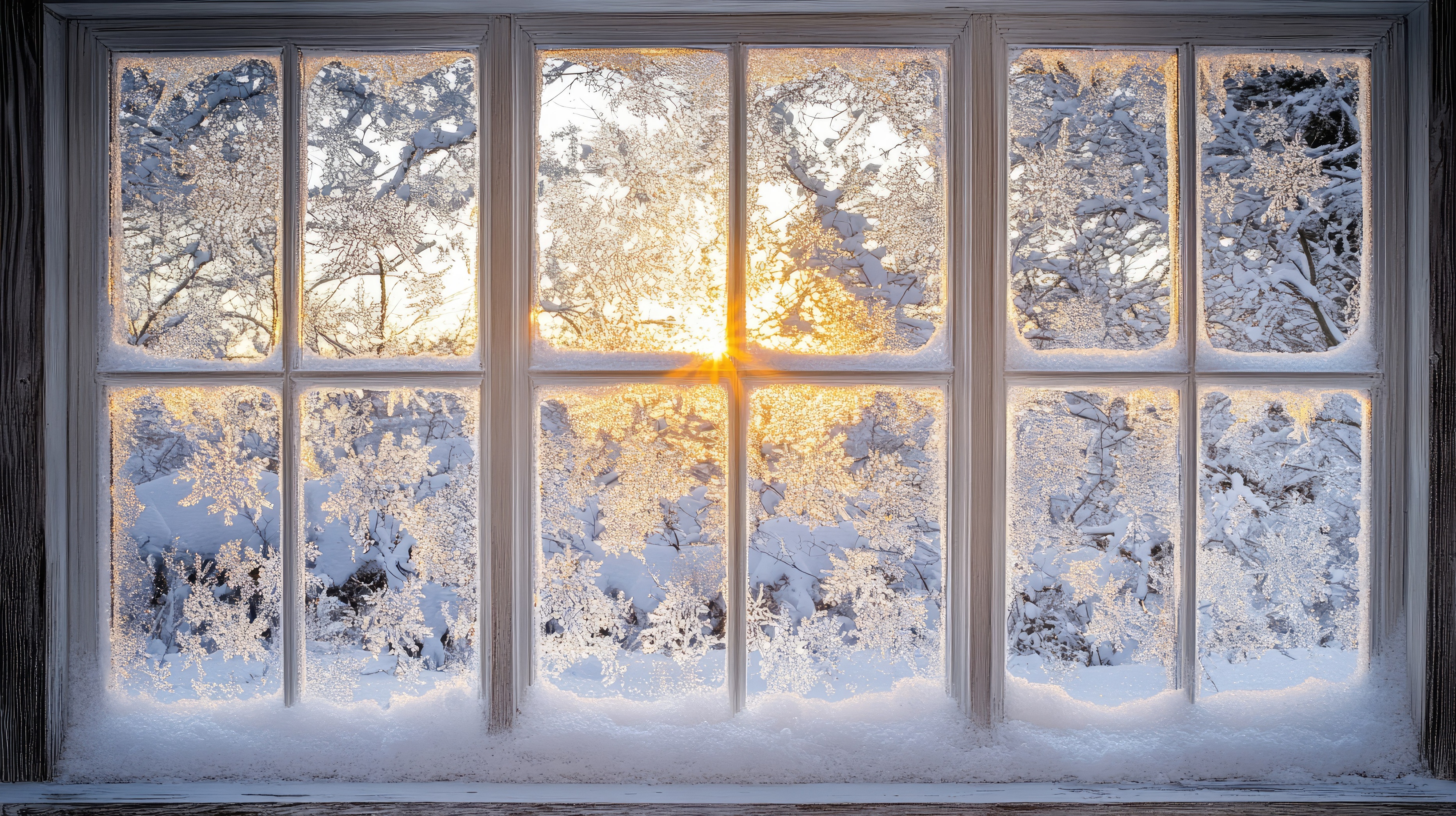 Frost patterns across a window pane at sunrise, the first light of a new day seen from inside a quiet home